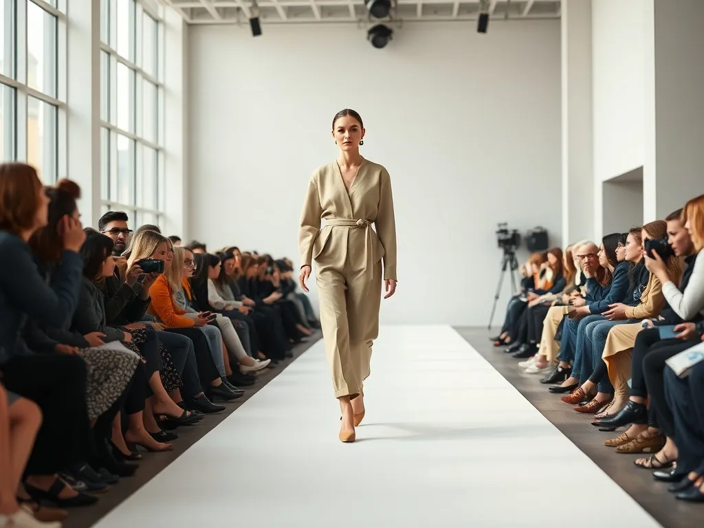 Modelka na minimalistycznym wybiegu w Kopenhadze, stonowane kolory, elegancki skandynawski styl i atmosfera fashion week.