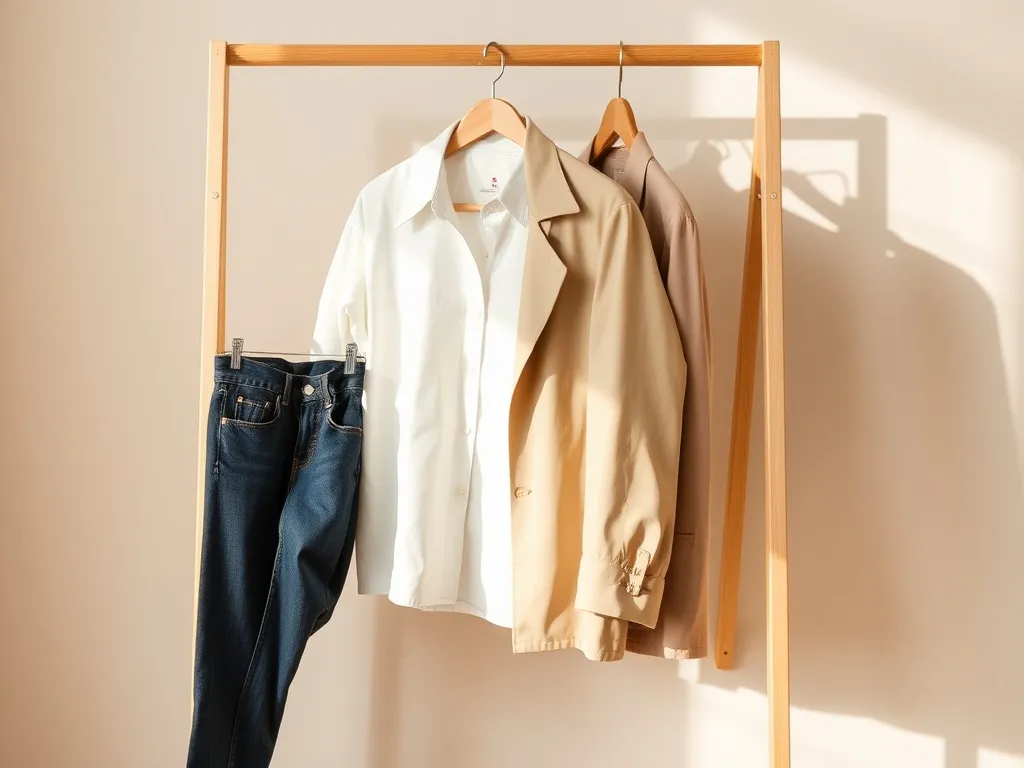 Minimalistyczna szafa kapsułowa z klasycznymi ubraniami, z jednym krzykliwym elementem odsuniętym na bok jako anty-trend