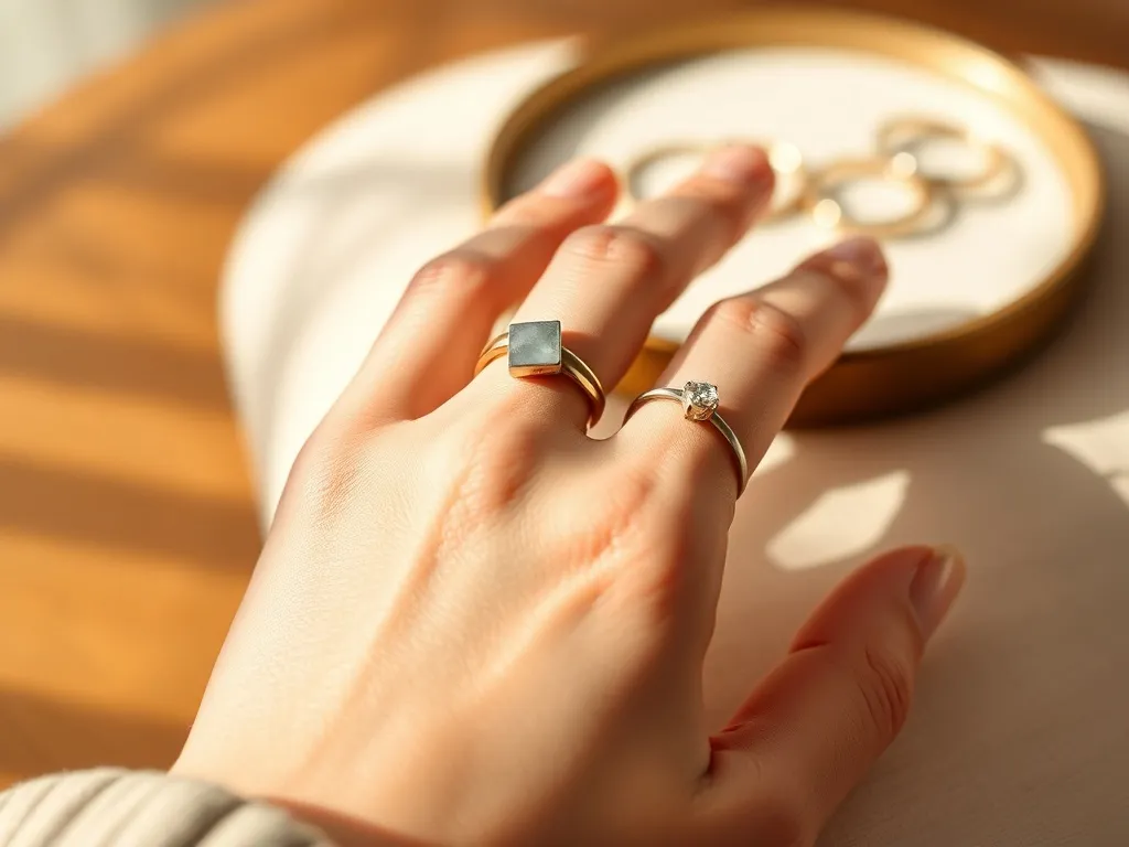 Dłoń ozdobiona kilkoma nowoczesnymi pierścionkami w złocie i srebrze, podkreślająca modne, minimalistyczne wzornictwo biżuterii.