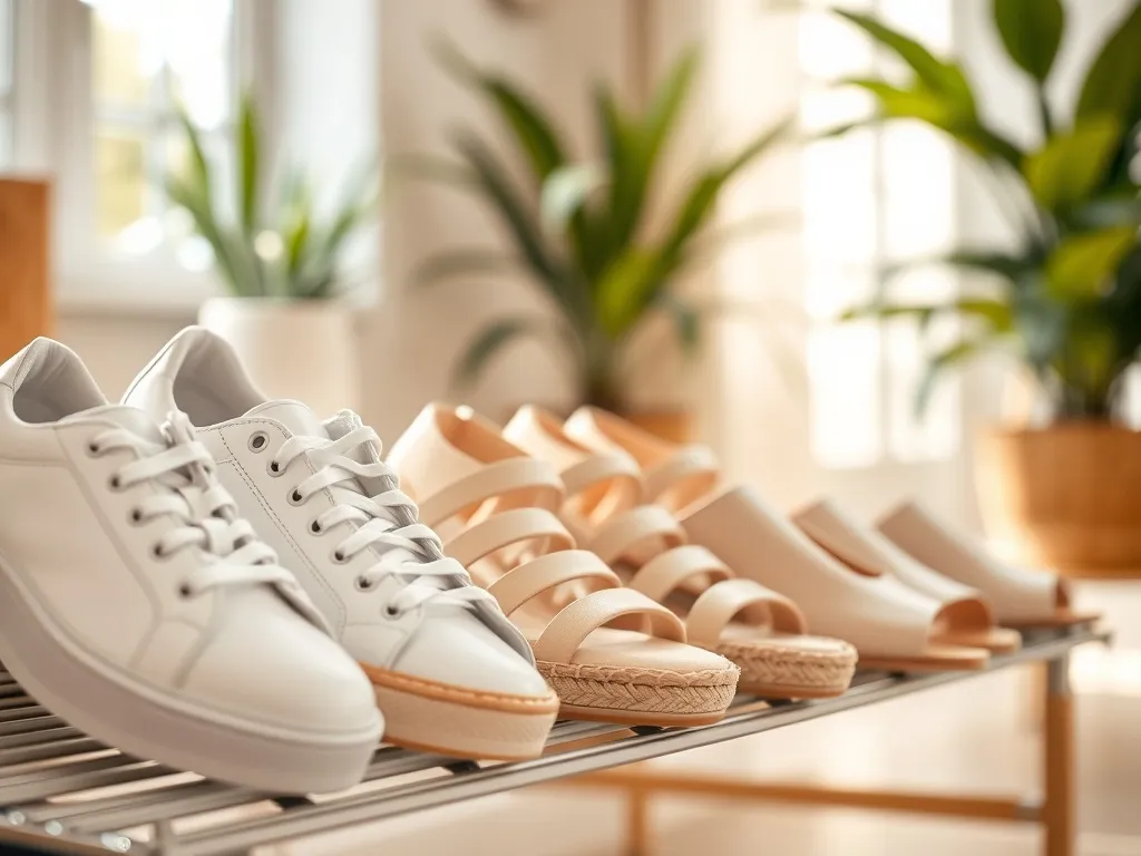 Pastelowe buty na wiosnę-lato na jasnym regale: sneakersy, sandały, espadryle i mule w modnej, lekkiej aranżacji