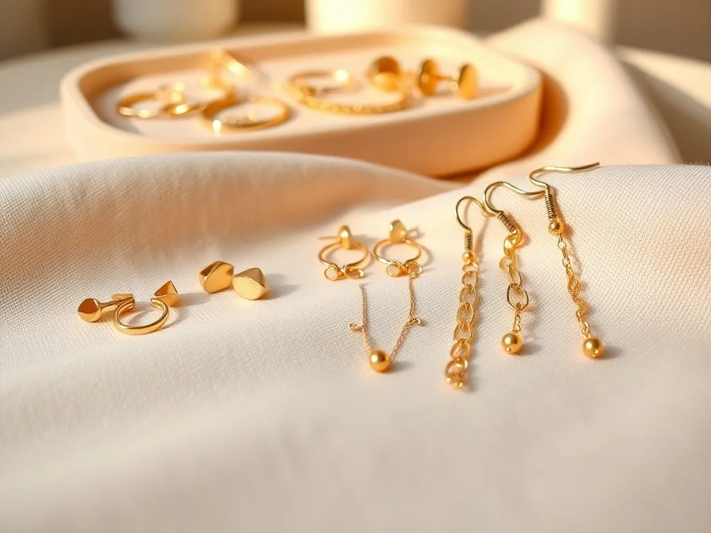 Zbliżenie na modne złote kolczyki w różnych nowoczesnych wzorach na beżowej tkaninie, w świetle podkreślającym ich blask.