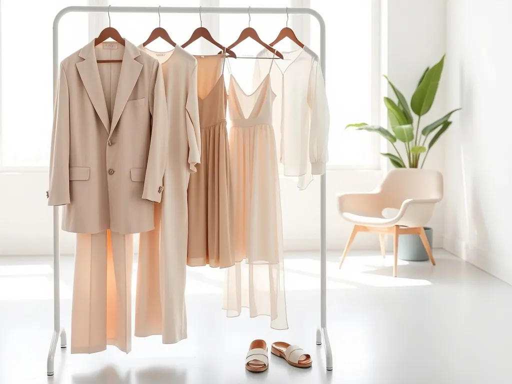 Minimalistyczny wieszak z pastelowymi ubraniami i sandałami, zapowiadający modne trendy SS 2026 w jasnym, nowoczesnym wnętrzu.