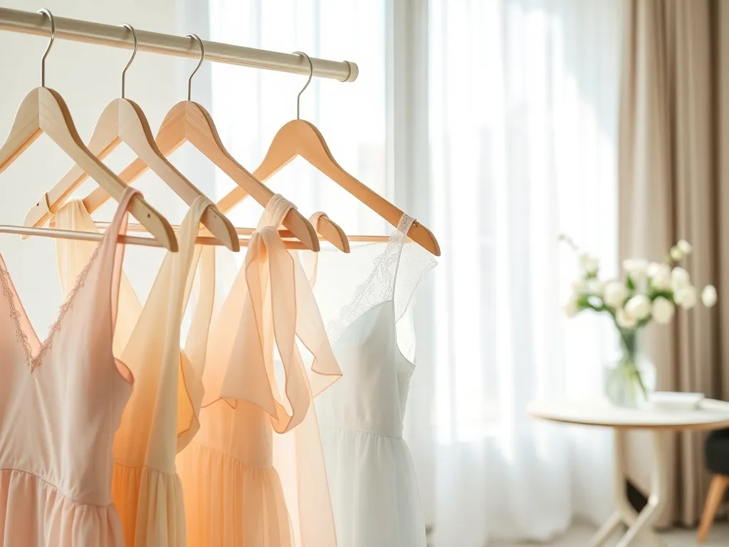 Pastelowe sukienki na komunię na wieszakach w jasnym, wiosennym wnętrzu, podkreślające elegancję i delikatność stylu.