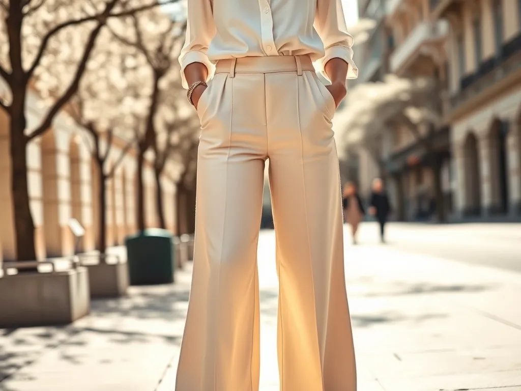 Kobieta w pastelowych, szerokich spodniach z wysokim stanem, wiosenny miejski chodnik w tle, modna stylizacja na co dzień.