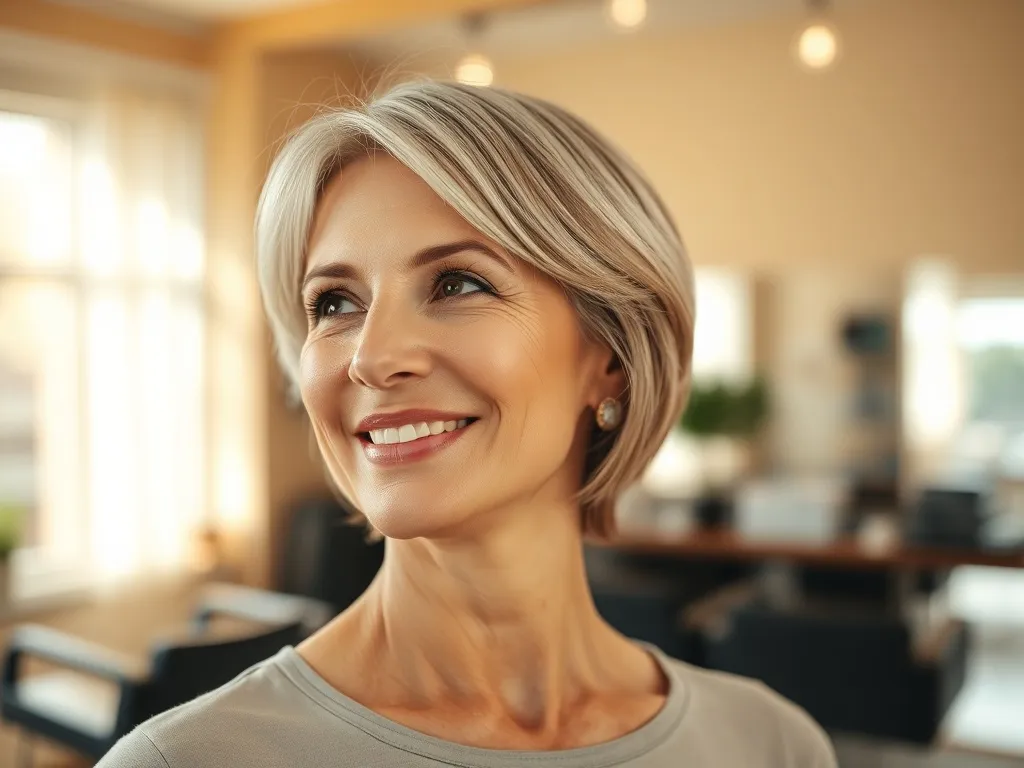Uśmiechnięta dojrzała kobieta z odmładzającą krótką fryzurą w jasnym, nowoczesnym salonie fryzjerskim.