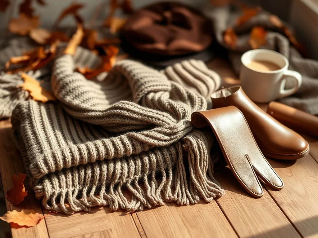 Jesienno-zimowy flat lay: ciepły sweter, szalik, botki, rękawiczki i beret w ziemistych barwach, w przytulnej sezonowej scenerii.