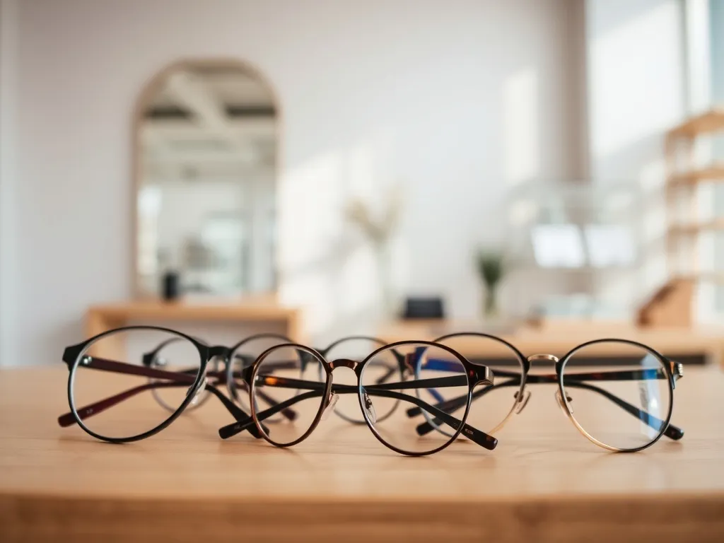 Różne modne oprawki okularów w różnych kształtach ułożone na jasnym stole w nowoczesnym, minimalistycznym salonie optycznym.
