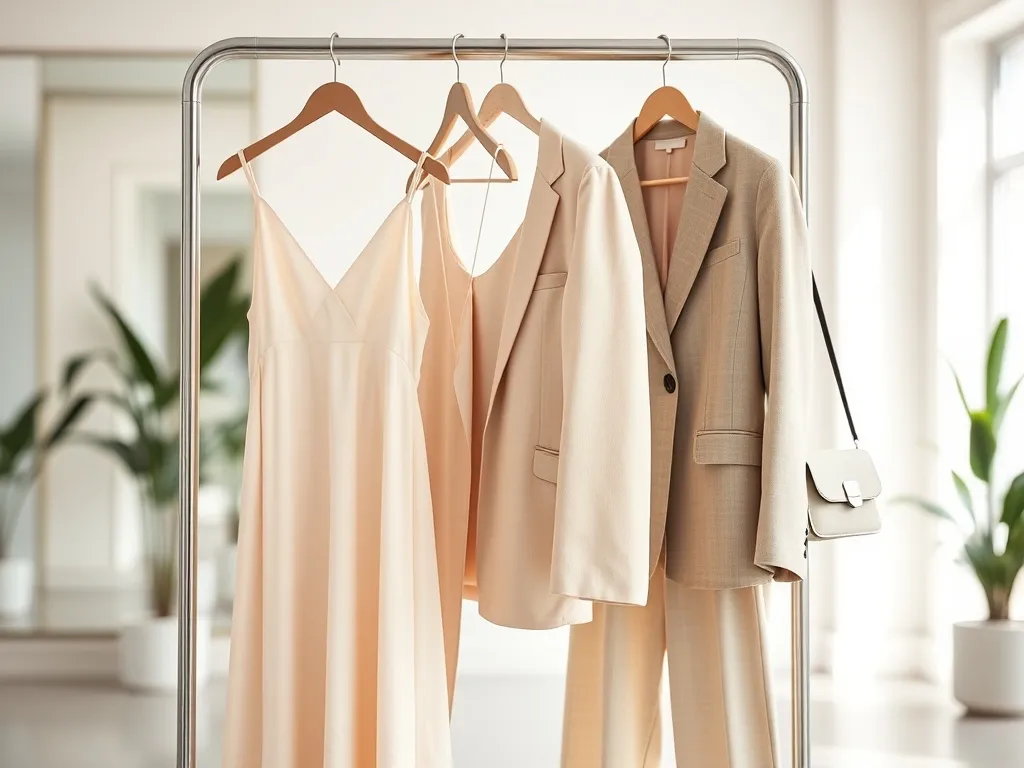 Minimalistyczny wieszak z eleganckimi pastelowymi stylizacjami wiosna–lato w stylu Prada w jasnym, przestronnym butiku