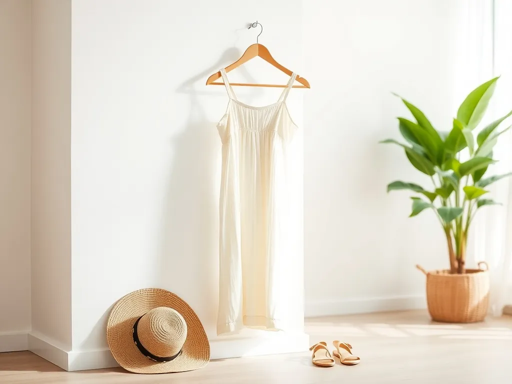 Jasna, zwiewna sukienka letnia na wieszaku z kapeluszem i sandałami, prezentująca modny minimalistyczny styl na lato.