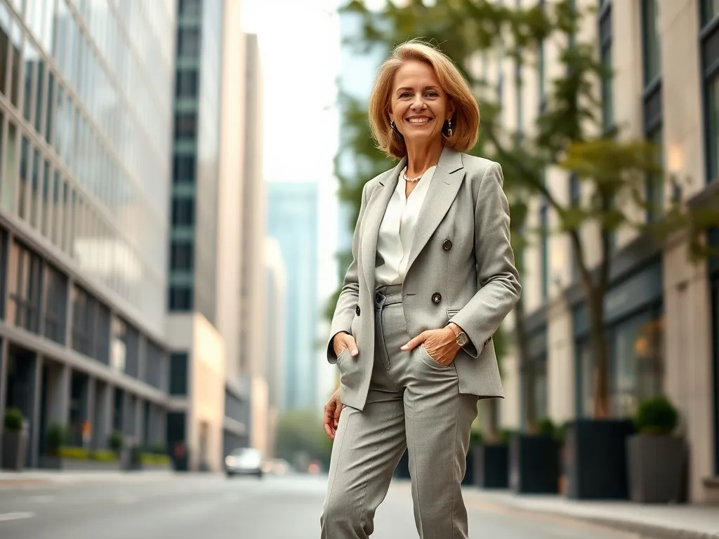 Elegancka 40-latka w marynarce, jeansach i szpilkach na miejskiej ulicy, prezentuje modną, ponadczasową stylizację.