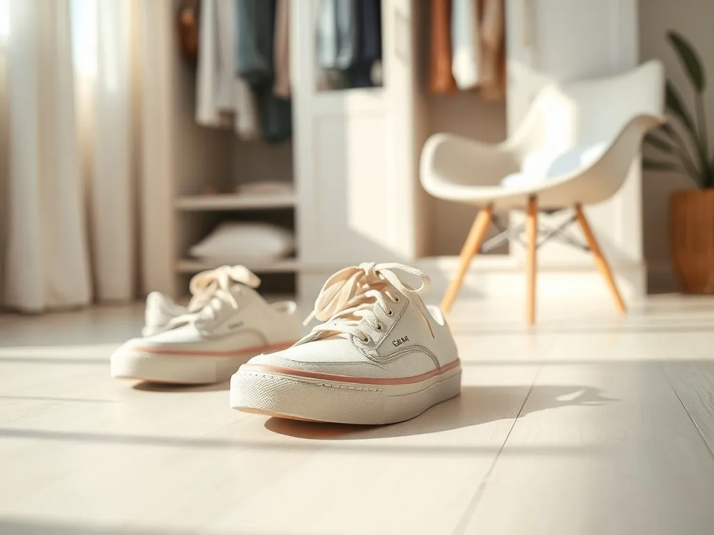 Stylowe damskie sneakersy w jasnych pastelach na minimalistycznej podłodze, w tle rozmyta garderoba w jasnym, przytulnym wnętrzu.