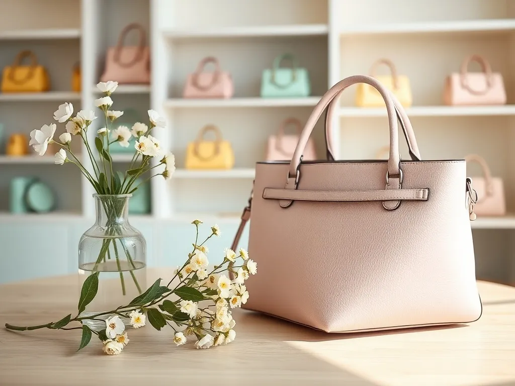 Pastelowa różowa torebka na stole w wiosennej scenerii, w tle inne modne torebki w delikatnych kolorach.