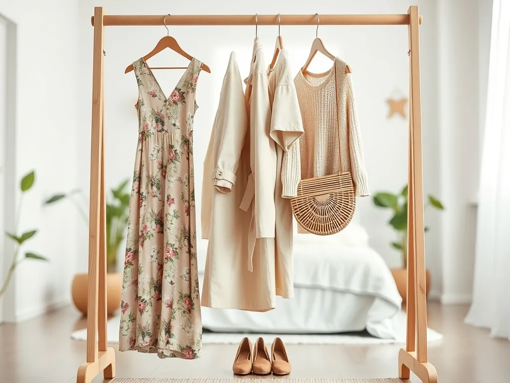 Pastelowe wiosenne stylizacje na drewnianym wieszaku w jasnej, minimalistycznej sypialni, w stylu Pinterest.