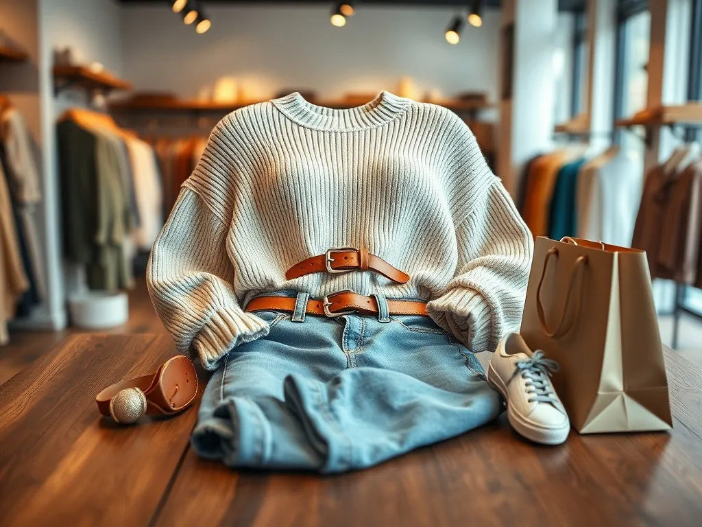 Stylizacja plus size: sweter, jeansy i sneakersy na tle przytulnego butiku, pomysł na modne i wygodne zakupy tanio.