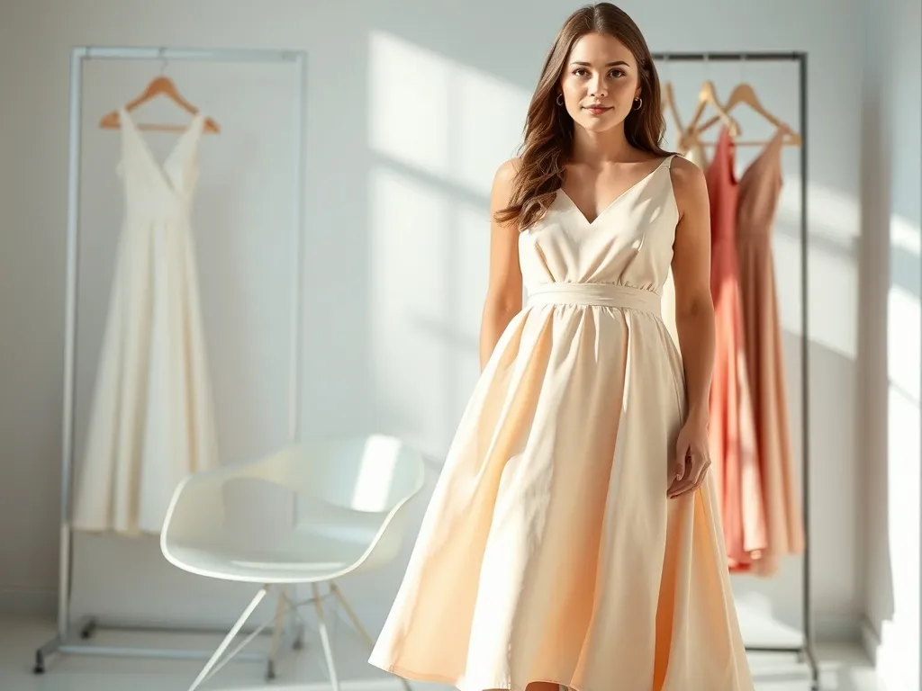 Kobieta w pastelowej, zwiewnej sukience midi w minimalistycznym wnętrzu, prezentująca elegancką stylizację na wesele.