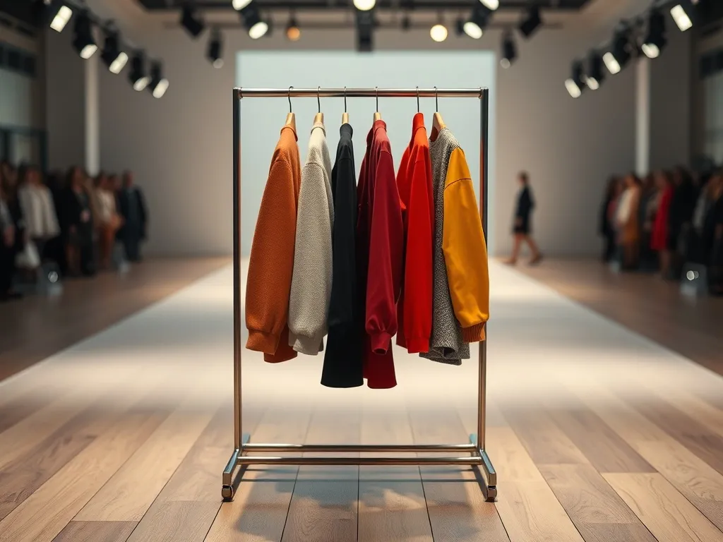 Minimalistyczny wieszak z kolorowymi, wysokojakościowymi ubraniami na tle eleganckiej przestrzeni pokazu mody.