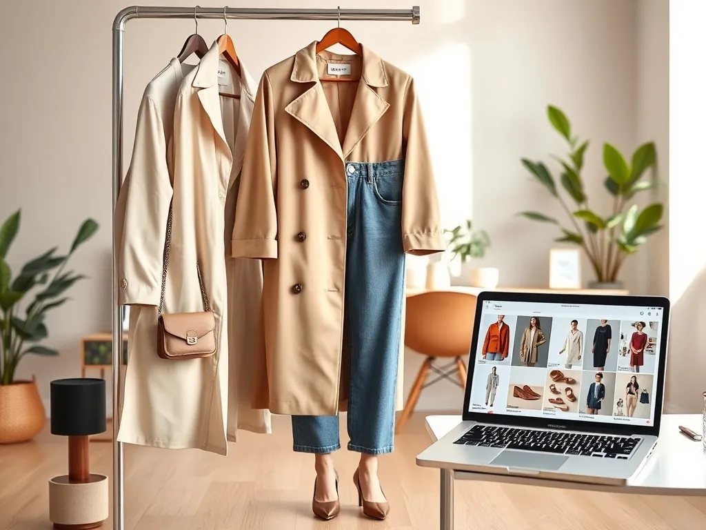 Minimalistyczny zestaw ubrań i akcesoriów obok laptopa i smartfona, symbolizujący poszukiwanie trendów modowych online