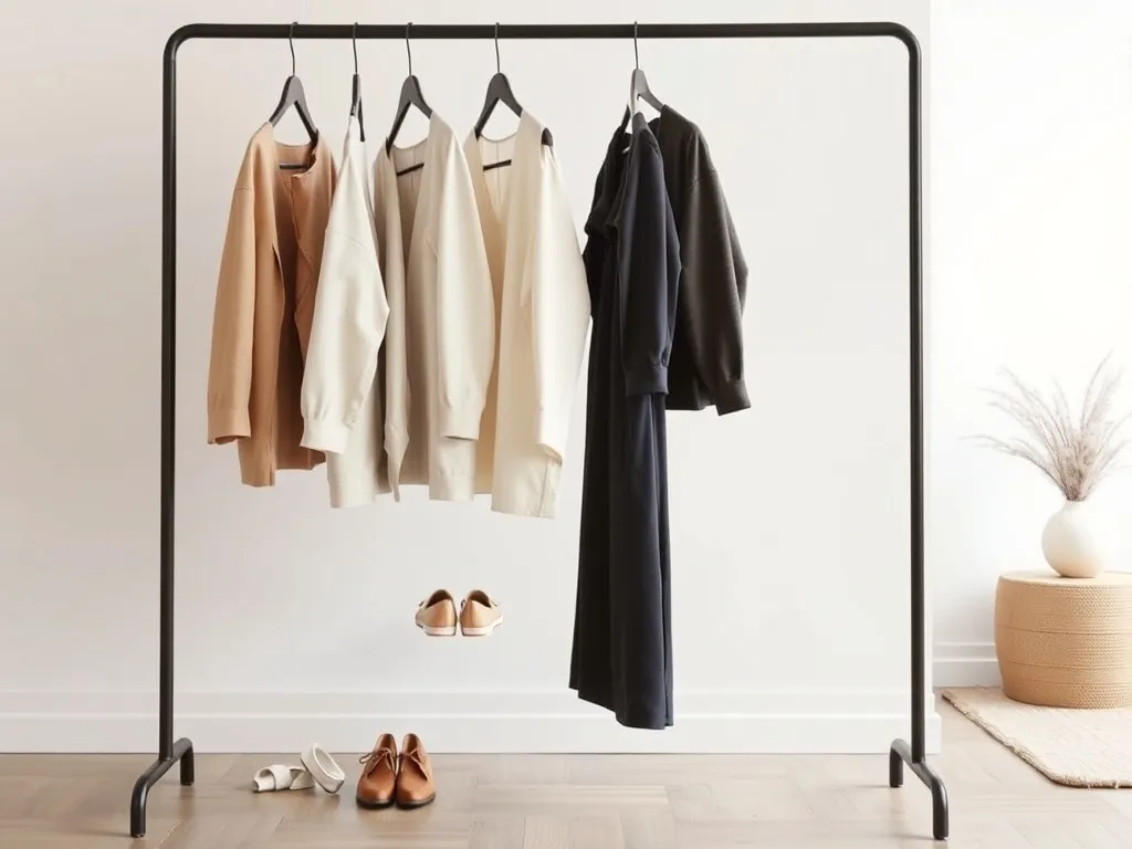 Minimalistyczny stojak z ponadczasowymi ubraniami i dodatkami w neutralnych barwach, tworzący spokojną, inspirującą atmosferę mody.
