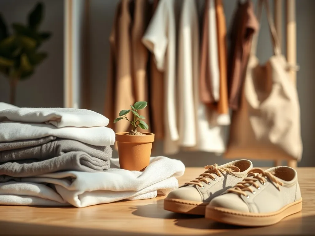Ubrania z organicznej bawełny i lnu, minimalistyczne buty i torba jutowa jako przykład zrównoważonej garderoby