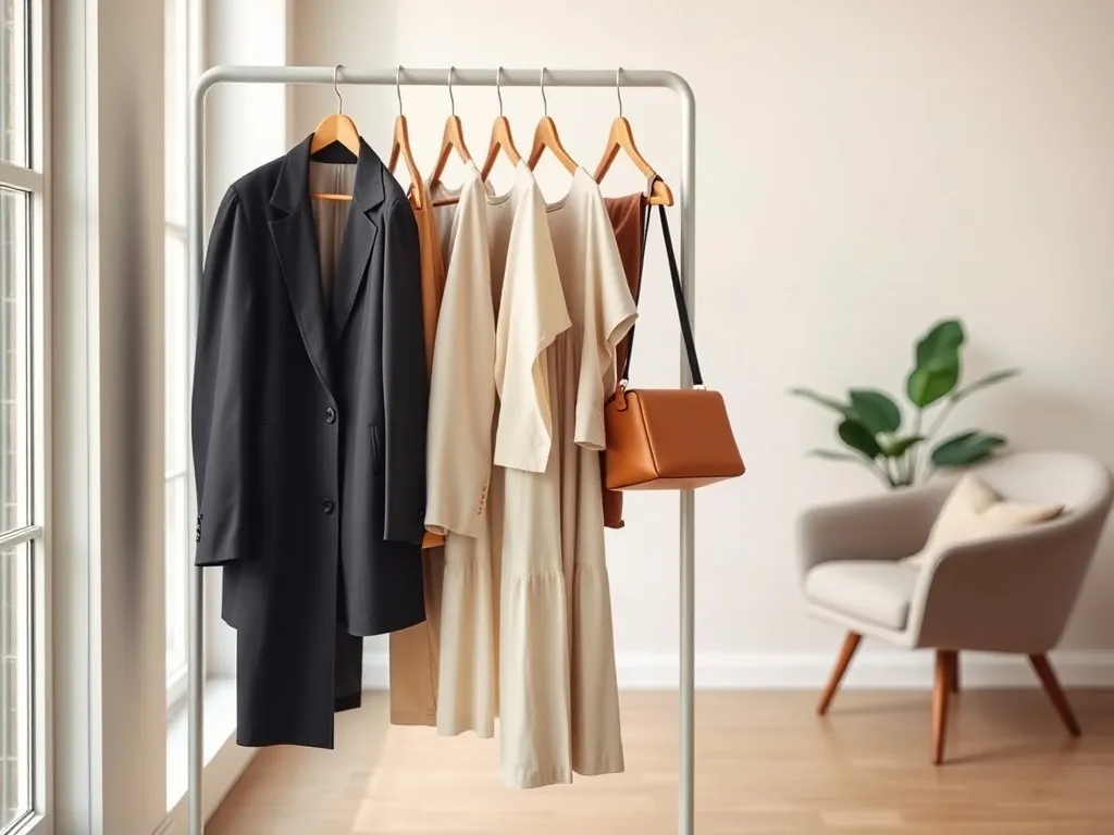 Stojący wieszak z minimalistycznymi, modnymi ubraniami w neutralnych barwach, zapowiadającymi nadchodzące trendy sezonu.