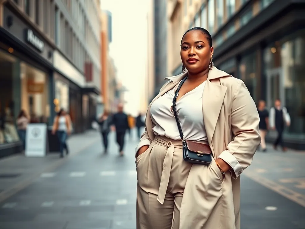 Pewna siebie kobieta plus size w stylowym miejskim stroju prezentuje modne, dobrze dopasowane ubrania na co dzień.