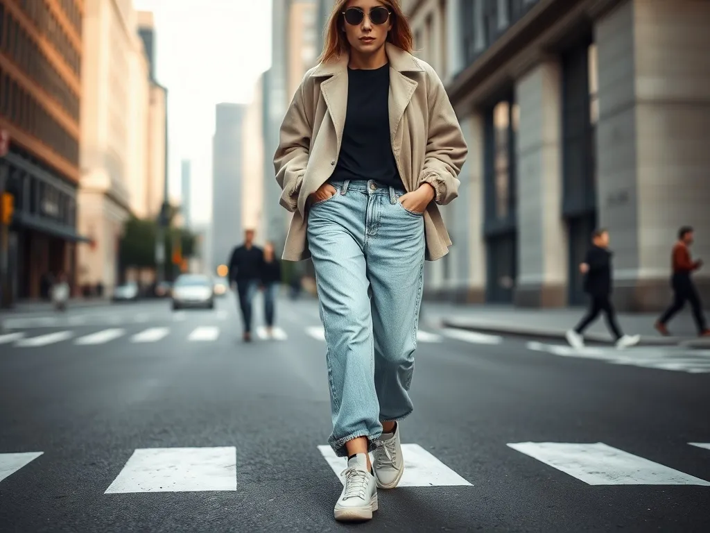 Stylowa osoba w oversize’owej kurtce i luźnych dżinsach idzie po miejskim chodniku, prezentując najnowsze trendy mody ulicznej.