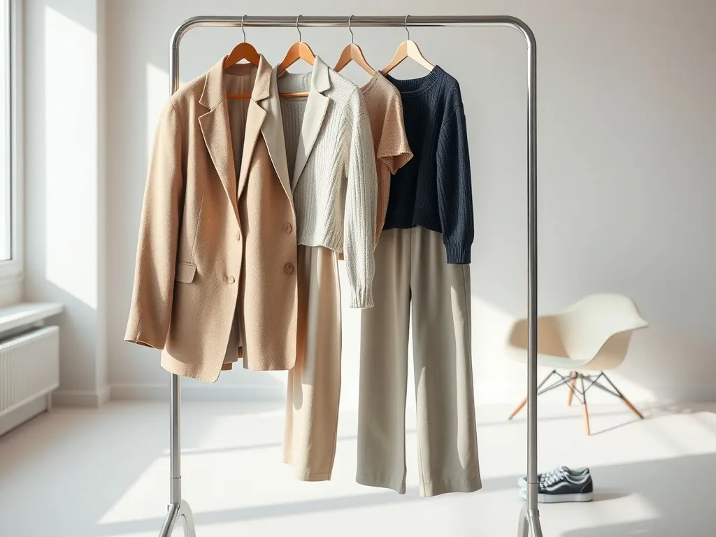 Minimalistyczny wieszak z modnymi ubraniami w neutralnych barwach w nowoczesnym studio, zapowiadającymi przyszłe trendy modowe.