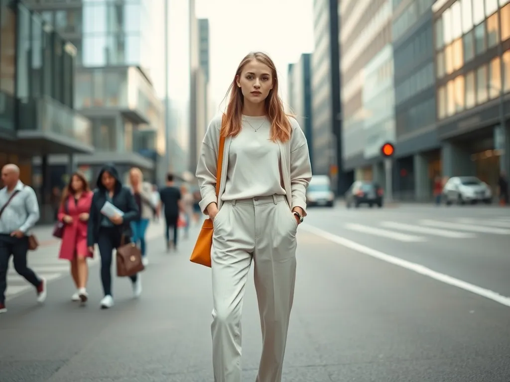 Młoda kobieta w minimalistycznej stylizacji z kolorowym akcentem na tle nowoczesnego miasta, obrazująca współczesne trendy mody.