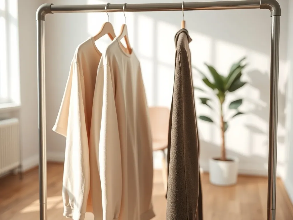 Minimalistyczny wieszak z ubraniami w neutralnych i pastelowych barwach w jasnym, eleganckim wnętrzu jako inspiracja modowa
