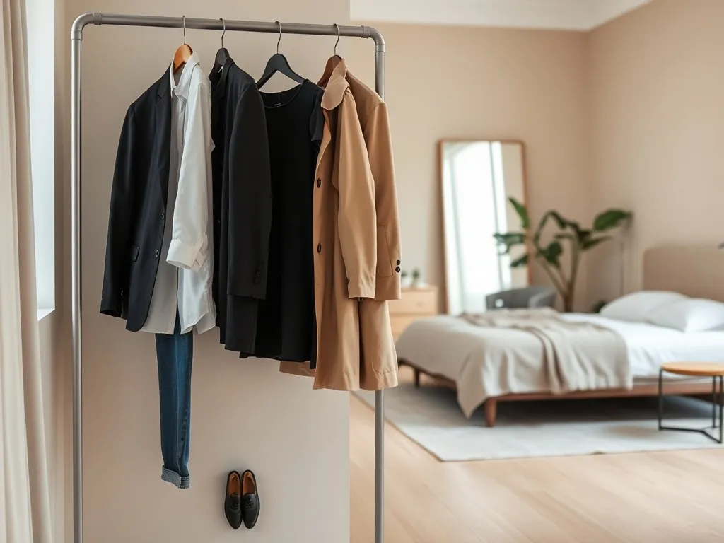 Minimalistyczna garderoba z ponadczasowymi klasykami, ilustrująca uniwersalne trendy mody w neutralnym, eleganckim wnętrzu.