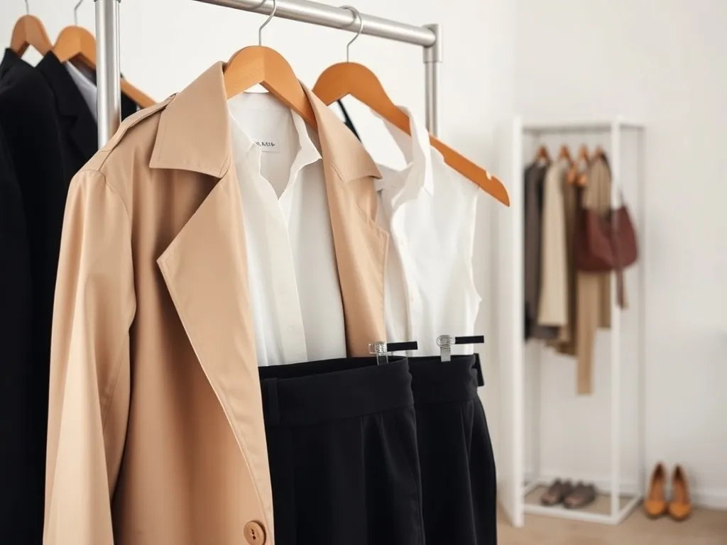 Minimalistyczny zestaw: beżowy trencz, biała koszula i czarne spodnie – przykład ponadczasowego, eleganckiego stylu.