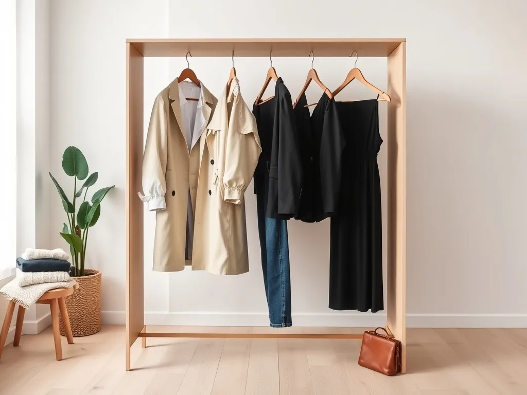 Minimalistyczny stojak z neutralnymi ubraniami kapsułowymi w jasnej sypialni, obok stołek z swetrami i skórzaną torbą.