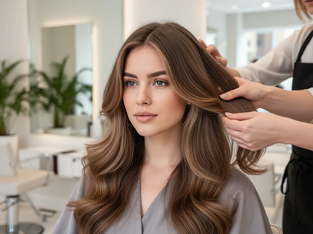 Młoda kobieta o bardzo gęstych włosach w salonie fryzjerskim, fryzjer formuje długą, cieniowaną fryzurę w eleganckim wnętrzu.