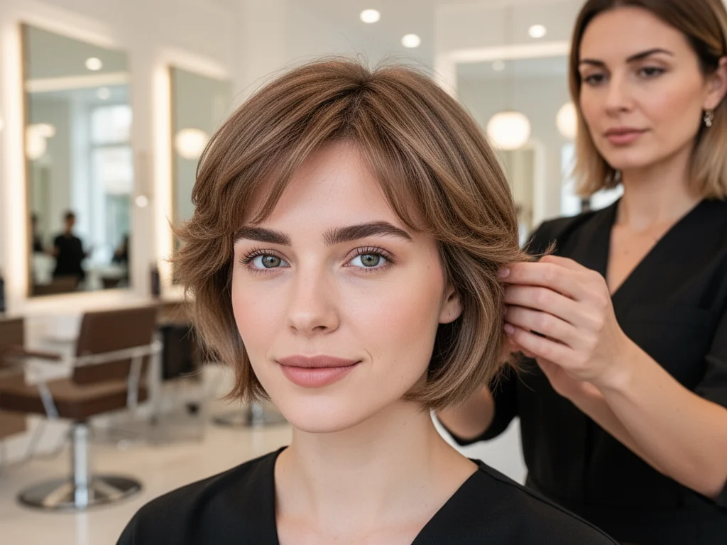Stylistka układa miękką, cieniowaną fryzurę na kwadratowej twarzy klientki w jasnym, eleganckim salonie.
