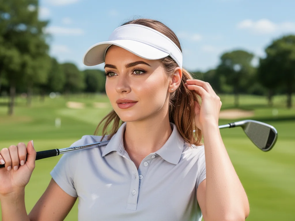 Golfistka w czapce z daszkiem poprawia gładkiego kucyka, trzymając kij na ramieniu na tle zielonego pola golfowego.