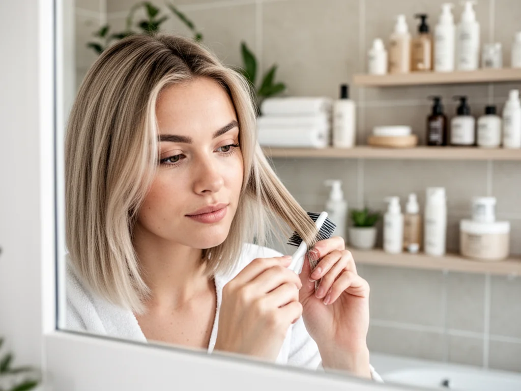 Kobieta o chłodnym blondzie delikatnie nakłada toner na włosy w jasnej, nowoczesnej łazience, dbając o odcień koloru.