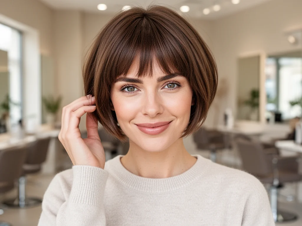 Kobieta z eleganckim pixie bob z grzywką w nowoczesnym salonie fryzjerskim, prezentująca subtelną stylizację włosów.