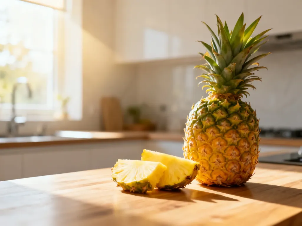 Cały ananas oraz pokrojone kawałki owocu na drewnianym blacie w słonecznej kuchni.