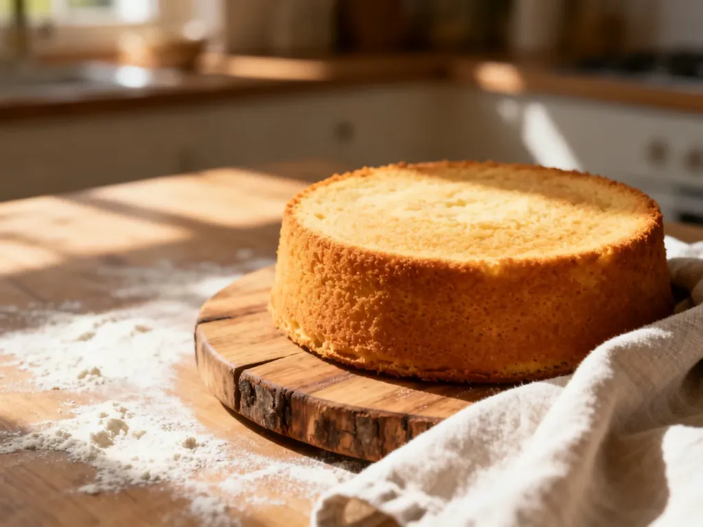 Złocisty, upieczony biszkopt na drewnianej desce, częściowo przykryty kuchenną ściereczką w przytulnej kuchni.
