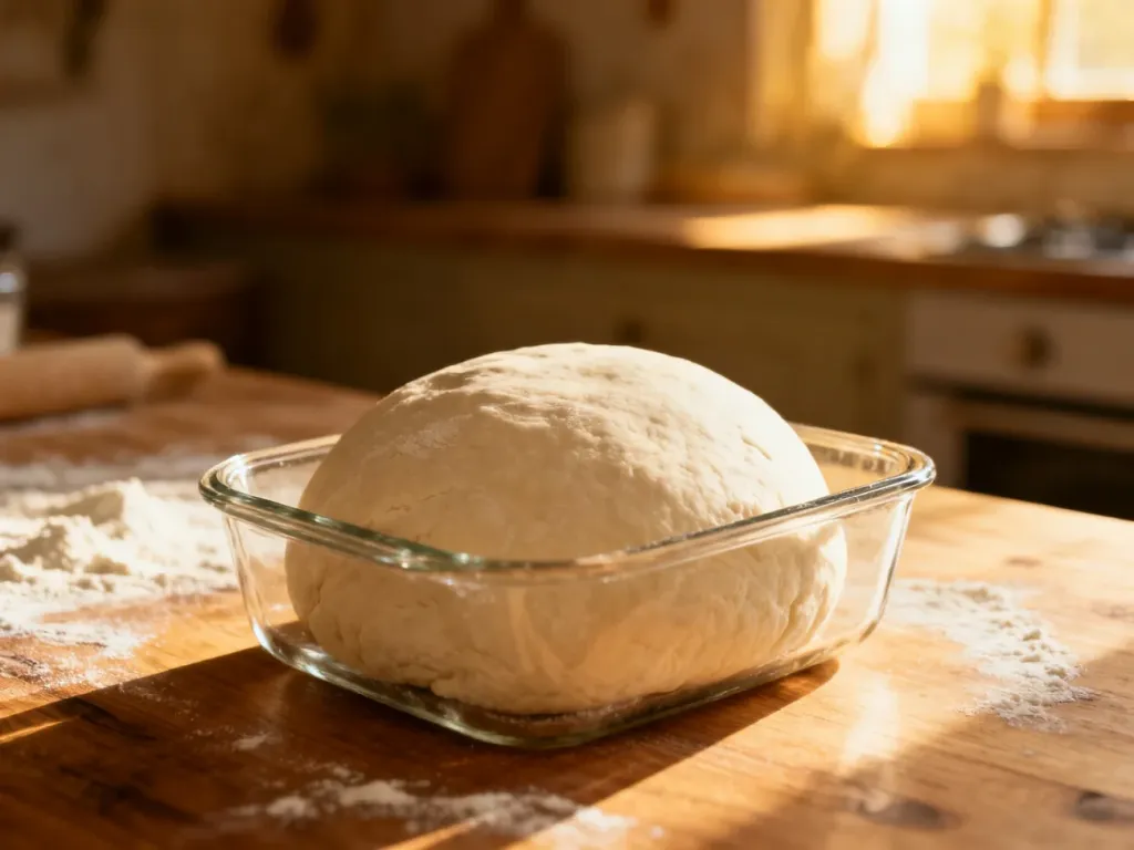 Kulka świeżego ciasta na pizzę w szklanym pojemniku na drewnianym stole w słonecznej kuchni.