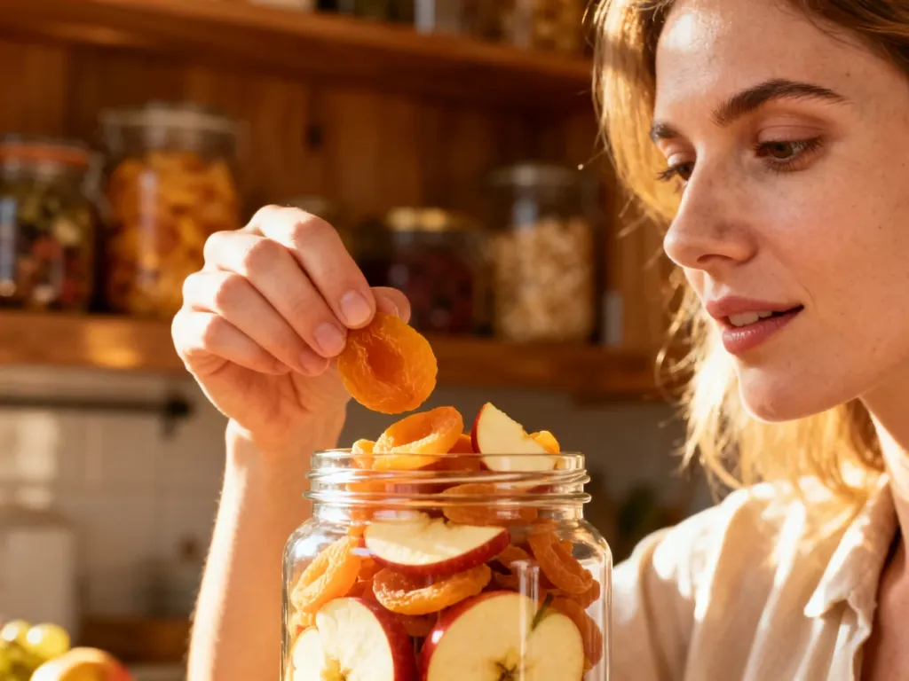 Kobieta przekłada suszone owoce do szklanego słoika w przytulnej kuchni, co pomaga zachować ich świeżość.