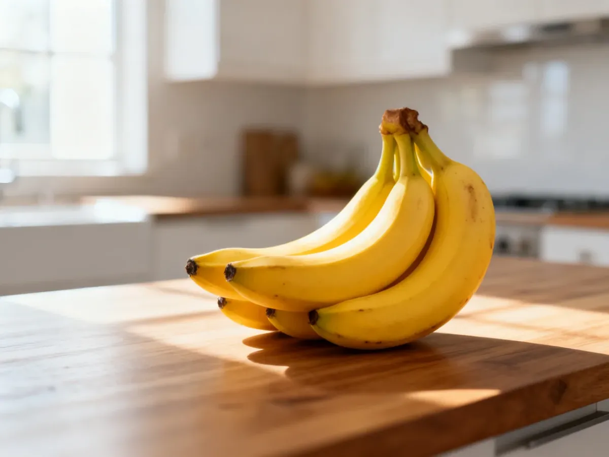 Kiść świeżych, żółtych bananów leżąca na drewnianym blacie kuchennym w słonecznym wnętrzu.