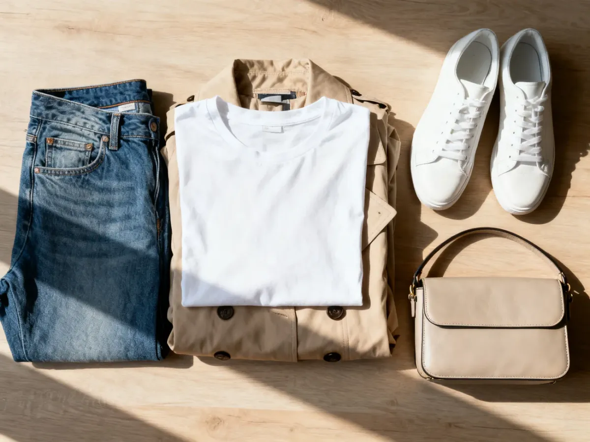 Zestaw ubrań w stylu casual: niebieskie jeansy, biały t-shirt, beżowy trencz, sneakersy i torebka na drewnianym tle.