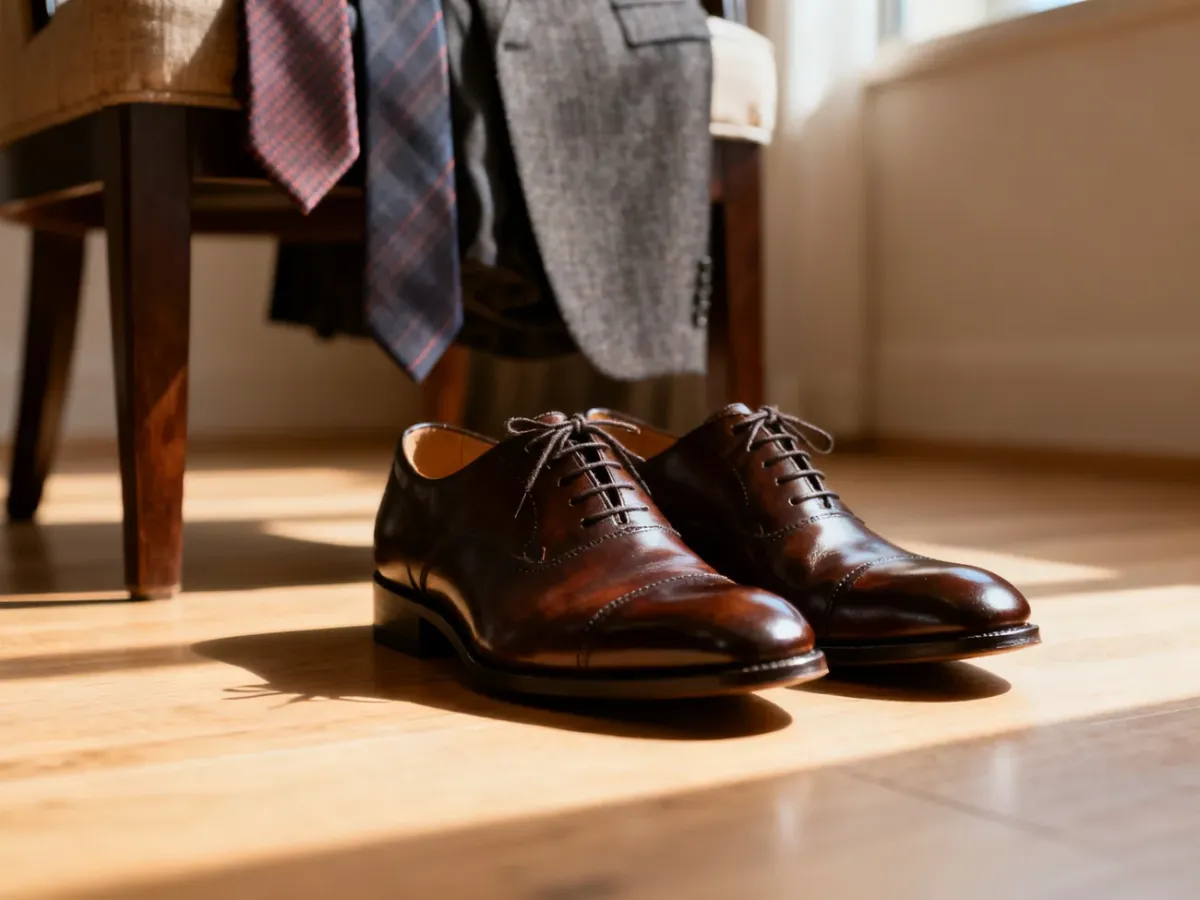 Eleganckie, ciemnobrązowe buty typu oksford na drewnianej podłodze, zestawione z garniturem i krawatem w tle.