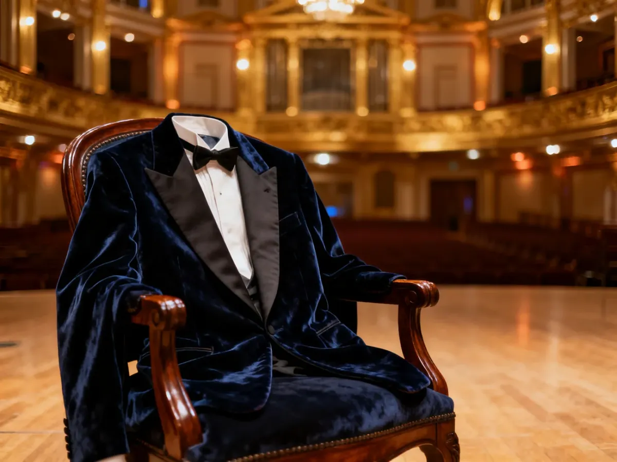Elegancka aksamitna marynarka na krześle w tle sali koncertowej, stanowiąca inspirację dla stroju do filharmonii.