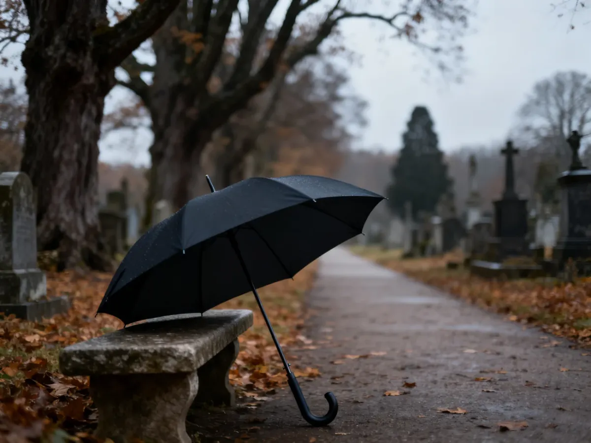 Elegancki czarny parasol na kamiennej ławce w jesiennej scenerii cmentarza, podkreślający powagę i szacunek miejsca.