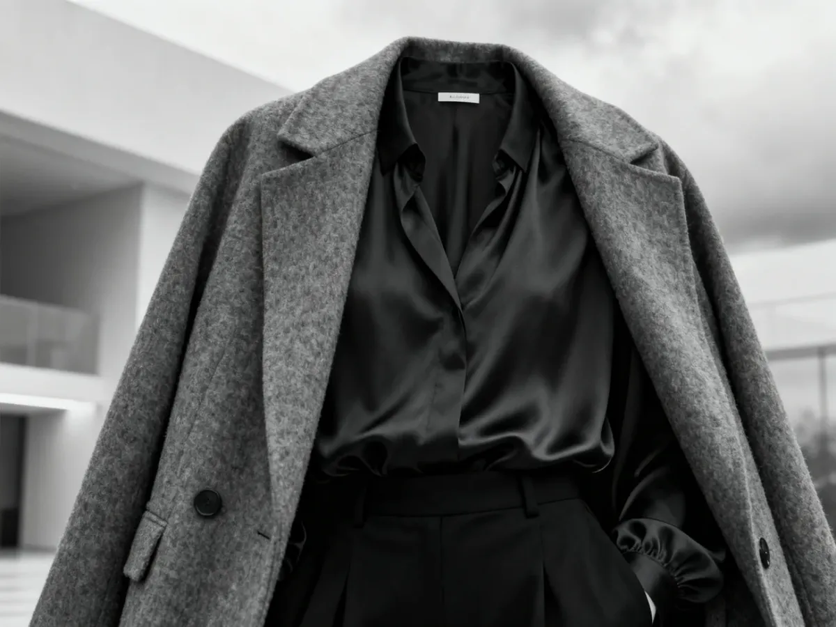 Elegancka monochromatyczna stylizacja w odcieniach szarości i czerni, łącząca wełniany płaszcz z jedwabną bluzką.