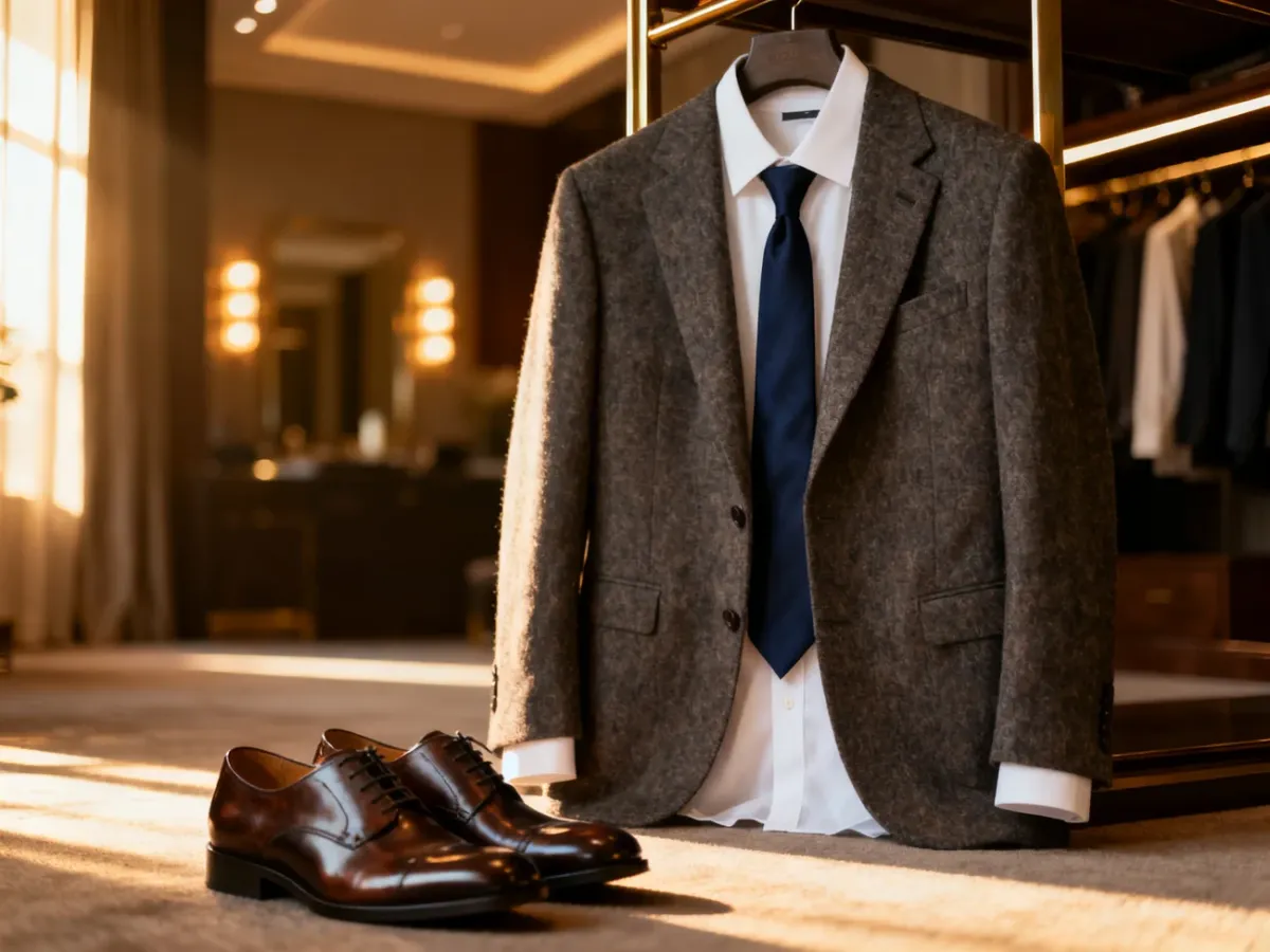 Elegancka męska garderoba z wełnianą marynarką, białą koszulą, krawatem i wypolerowanymi butami typu oxford.