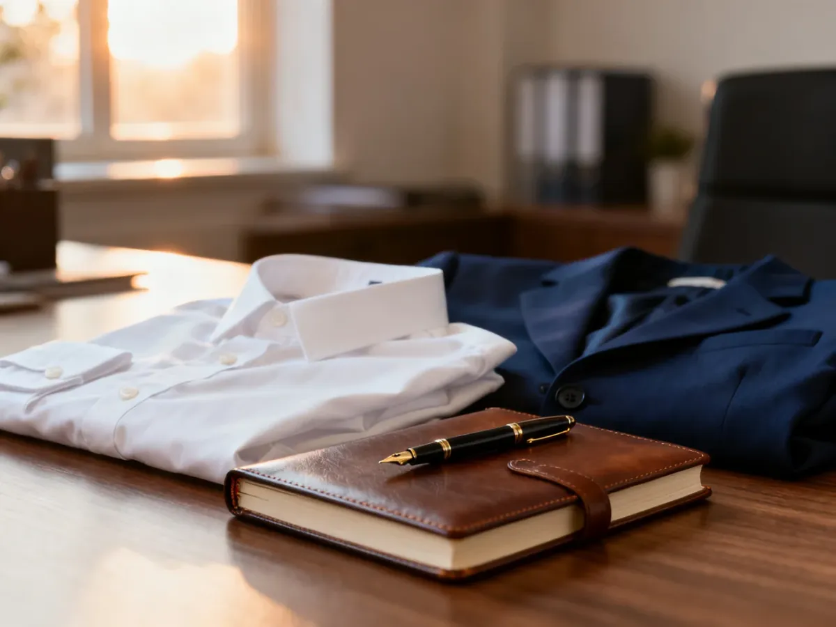 Elegancki zestaw ubrań biznesowych z koszulą i marynarką, przygotowany na rozmowę o pracę na drewnianym biurku.