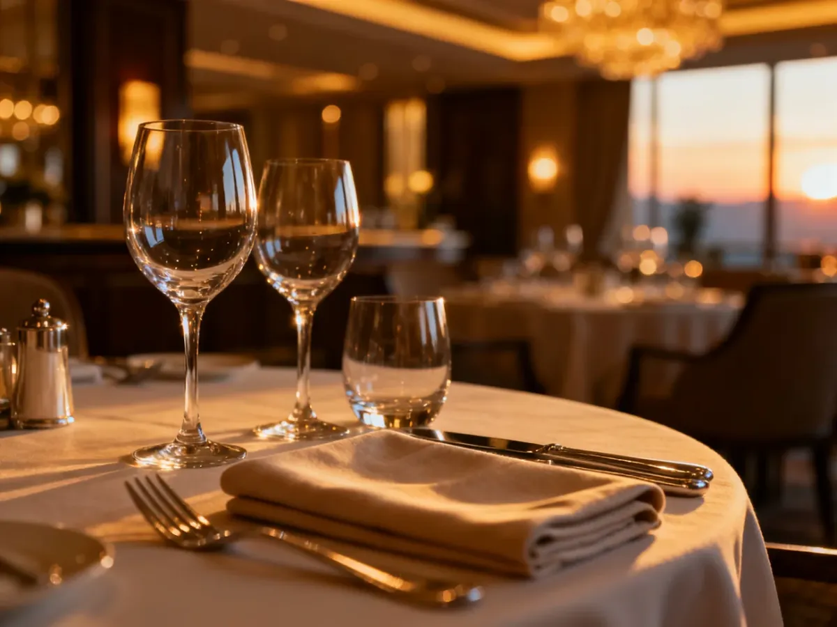 Elegancko nakryty stół w luksusowej restauracji hotelowej, przygotowany na wieczorną kolację.